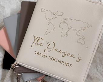 Personalised Travel Organiser, Travel Document Holder, Personalised Passport Holder.  Personalised Family Travel Organiser, World Traveler
