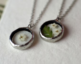 Tiny botanical white forget me not, myosotis glass necklaces, with a little green, flowers pendants, stain glass jewelry, mini circle gift