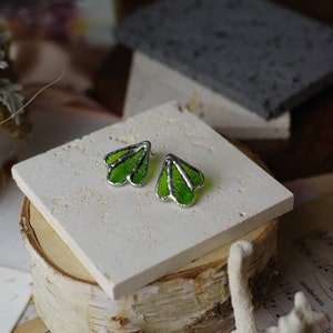 Cathedral green glass earrings with silvered solder, stud woman earrings, elegant unique handmade design, drop shape, gift for lovers image 7