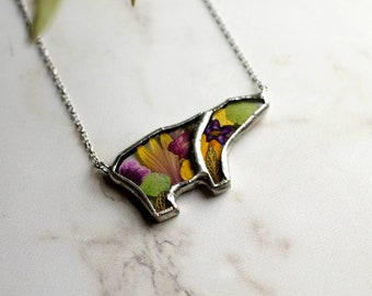 Beautiful GLASS polar bear necklace, REAL flowers pendant, stainedglass jewelry, best woman gift, nature lovers antarctic, animal addicted