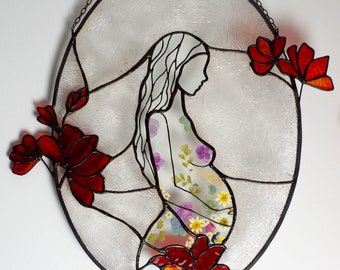 Pregnant woman wall decoration, stained glass design, flowers blooming baby, baby shower, best gift, motherhood heartwarming gift for woman