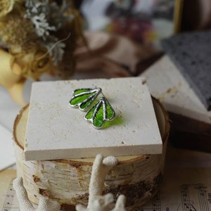 Cathedral green glass earrings with silvered solder, stud woman earrings, elegant unique handmade design, drop shape, gift for lovers image 6