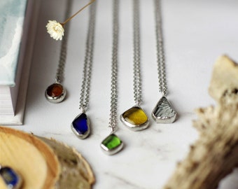 Colorful glass little tiny pendants, stainedglass necklaces, green, amber-brown, clean, ocean dark blue, elegant daily wear,like candy