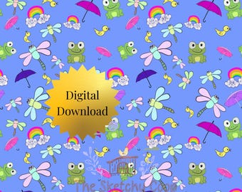 Skurril Glühwürmchen Muster | Leuchtendes Blau Gelb Grün | Glühwürmchen, Frösche und Regenschirme |  (Digitaler Download)