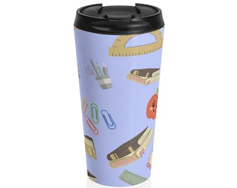 学用品柄トラベルマグ｜本、定規、クリップ、ペン立て