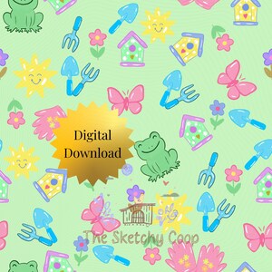 Op de afbeelding: Een digitale download met een herhalend patroon van illustraties met een tuinthema. Het ontwerp bevat lachende zonnen, vlinders, vogelhuisjes, kikkers, bloemen, tuingereedschap en de tekst "Digital Download" op een gouden ster.