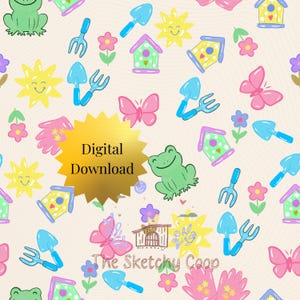 Op de afbeelding: Een digitale download met een herhalend patroon van tuinillustraties. Het ontwerp bevat vlinders, kikkers, vogelhuisjes, bloemen, schoppen en lachende zonnen in pastelkleuren op een crèmekleurige achtergrond. De tekst "Digital Download" staat in het midden.