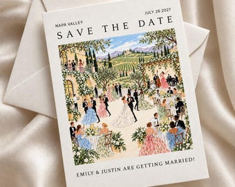 Könnte beinhalten: Eine rechteckige Save-the-Date-Karte mit einer Illustration einer Hochzeitsempfangs in einem Weinberg. Der Text lautet NAPA VALLEY, SAVE THE DATE, JULY 26 2027 und EMILY & JUSTIN ARE GETTING MARRIED! Die Szene zeigt Gäste in formeller Kleidung.