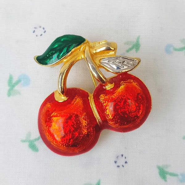 Vintage 1980s Cherry Brooch Pin Badge Enamel Glossy Red Green Gold Tone 1950s Style Costume Jewellery Costume Jewelry Gift