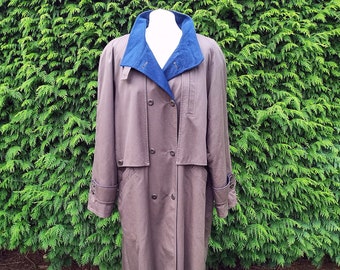 Vintage 1980s BerghausCity Fashion Trench Coat Size 16 Brown Navy Blue Lining Berghaus Raincoat Long Coat Winter Warm Waterproof