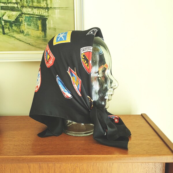 Vintage 1950s bufanda de seda Vintage etiqueta de equipaje diseño cuadrado bufanda cabeza bufanda rosa negro tamaño 26.5" coche clásico Goodwood Festival Retro