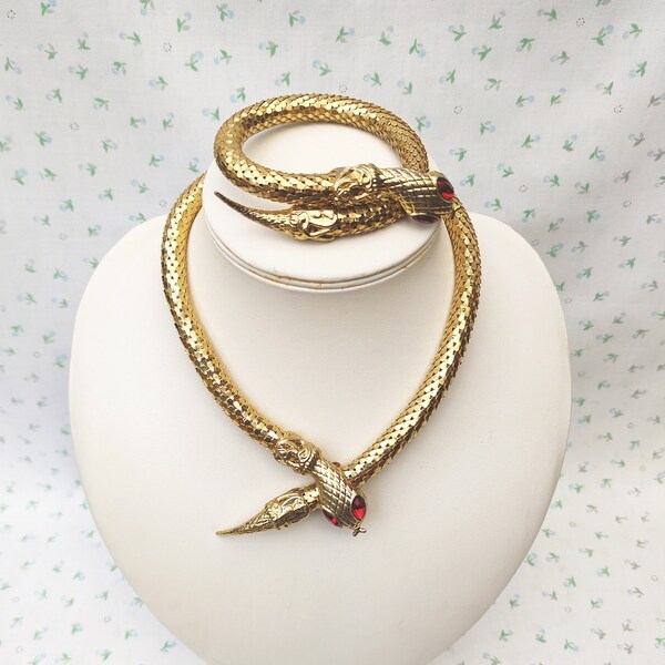 Vintage 1970s 1980s Snake Choker Necklace and Braclet Set Gold Tone Mesh Red Eyes Thick Curved Snake Retro Jewellery Jewelry Coiled Snake