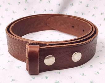 Vintage 1970s 1980s Brown Leather Belt No Buckle Embossed Acorns Oak Leaves 1.5" Wide Size Large Real Leather Hide New Old Stock Western