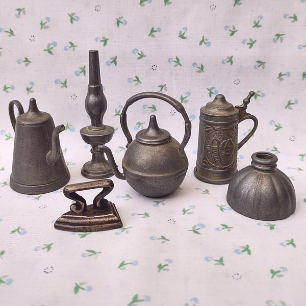 Vintage 1960s 1970s 6 Small Pewter Ornaments Toys Tankard Kettle Coffee Pot Iron Cloche Oil Lamp Mid Century Home Mini Ornaments