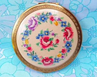 Rare Vintage 1950s KIGU Powder Compact Mirror Hand Embroidered Petit Point Flowers Brass Collectable Retro Girlfriend Gift