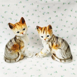 SALE Vintage 1960s Pair of Cute Tabby Ginger Cat Ornaments Figurines Kittens Glazed Ceramic Kitsch Homeware Retro Cat Lover's Gift