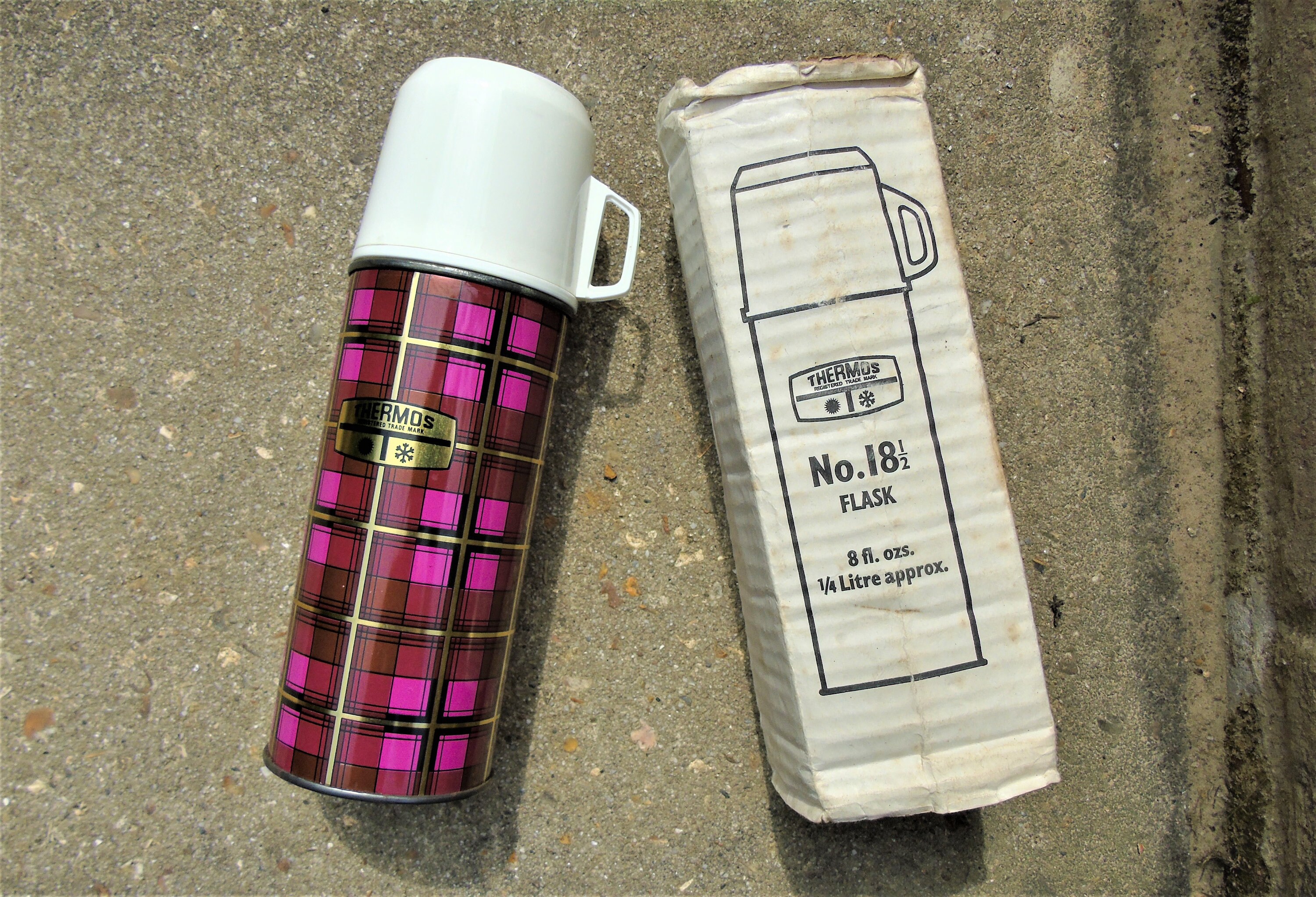 Vintage Metal Cream and Gold Thermos Flask 2 Cups 