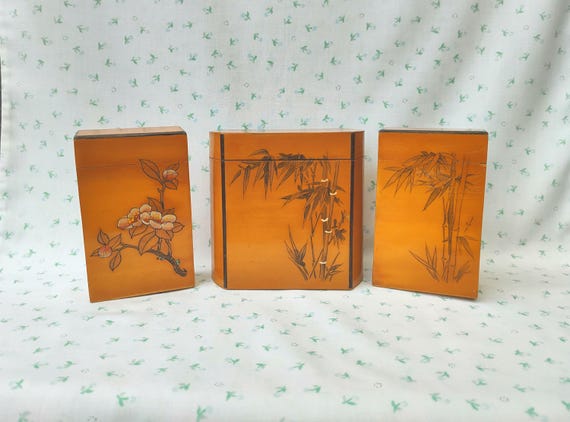 neographics Inc. 様用TOMOCAトランスボックス8個セット Vintage 1980s Oriental Bamboo Trio of Wooden Boxes Floral
