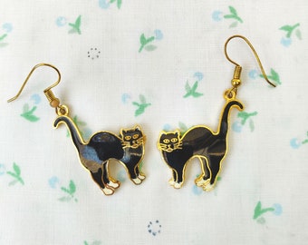 Vintage 1980 Cloisonne negro gato pendientes esmalte perforado pendientes afortunado negro gato joyería joyería retro wiccan bruja regalo de Halloween