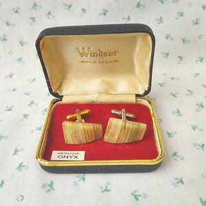 Vintage 1960s Boxed Windsor Cufflinks Cuff Links Genuine Onyx Green Yellow Mid Century Menswear Office Father's Day Retro Gifts For Him