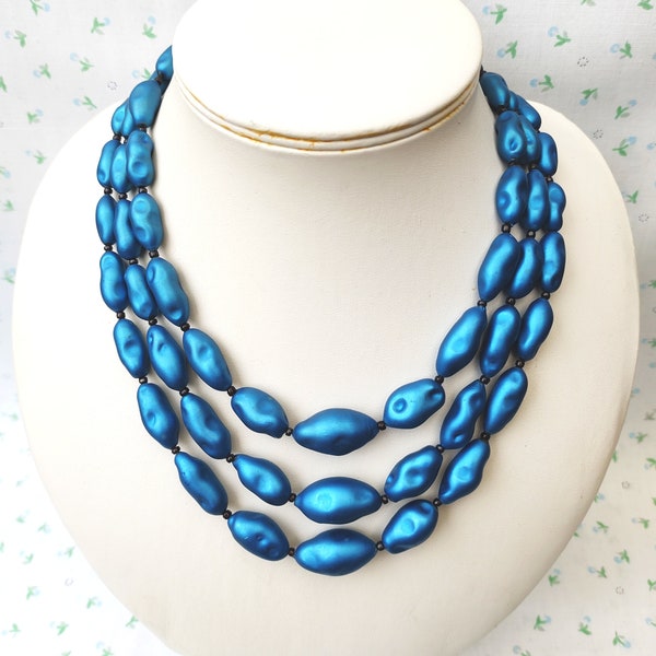 Vintage 1950s Cascading Glass Beaded Necklace Triple Strand Teal Blue Costume Jewellery Jewelry Prom Bombshell Cocktail Gifts For Her