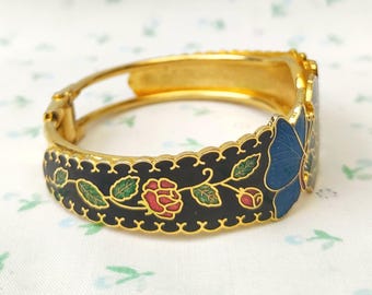 Vintage 1980s Cloisonne Bangle Bracelet Cuff Black Floral