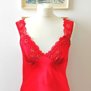 Vintage 1980s Red Satin Nightie Nightdress Size 10 Bust 33&quot; Glossy Red Gold Satin Lace Bodice Full Length Nightie Glamour Vintage Lingerie