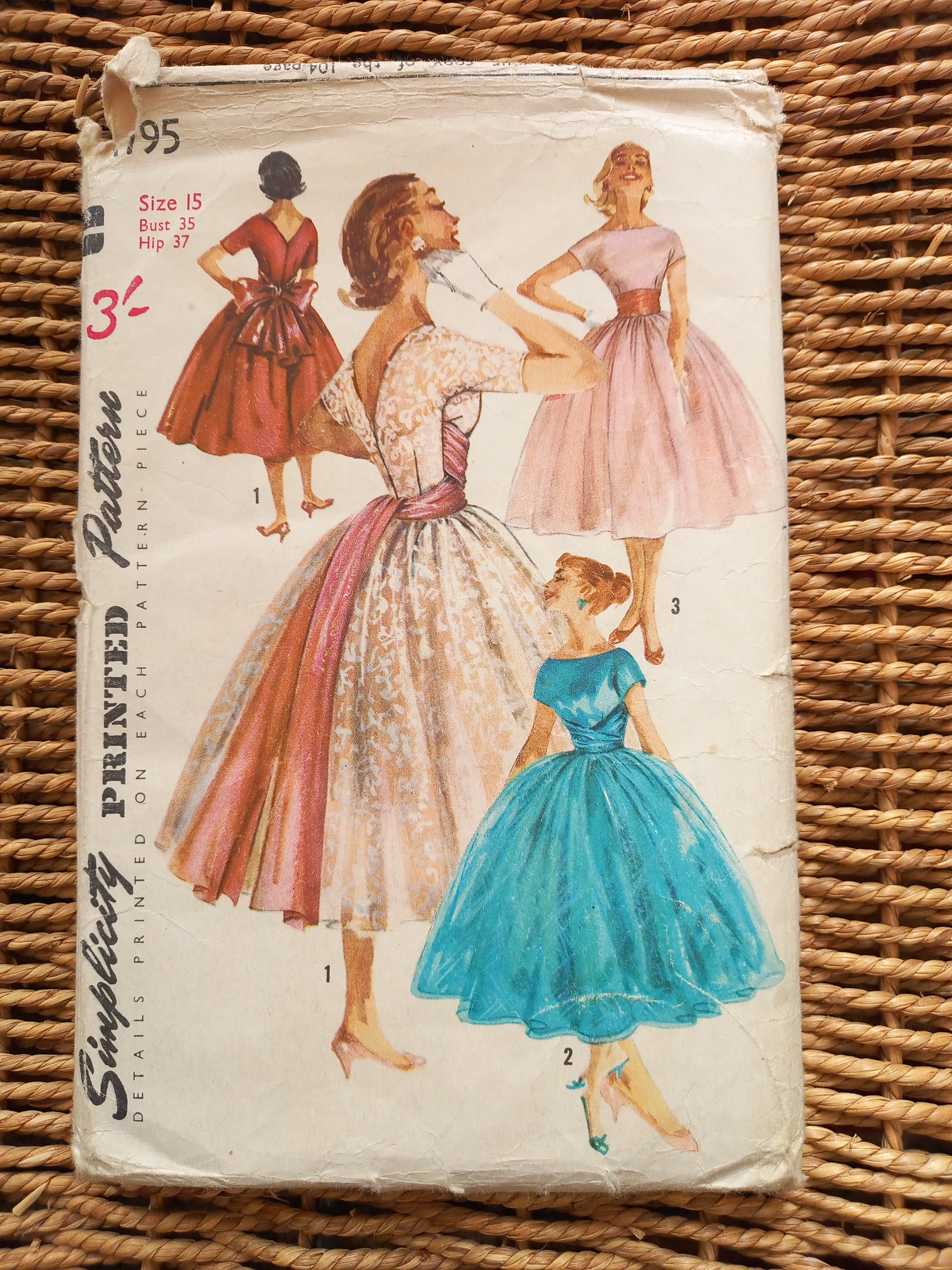 Vintage 1950s Simplicity Sewing Pattern 1795 Bust 35 Size 15 Fit 'n Flare  Dress & Huge Cumberbund Teen Rockabilly Rock 'n Roll Prom 
