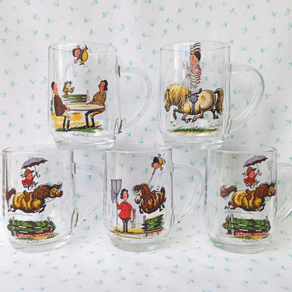 Vintage 1970s Cartoon Thelwell Rider Equestrian Horse Mug Half Pint Glass Tumbler Beaker Handle Barware Retro Pony Horsey Gift 5 Available
