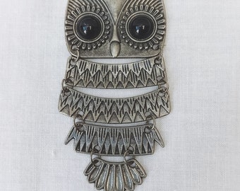 Vintage 1970s Huge Articulated Owl Pendant Boho Owl Pendant Silver Tone Pendant Costume Jewelry