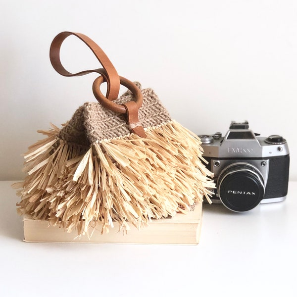 Mini Jute Raffia Leder Handtasche mit Fransen