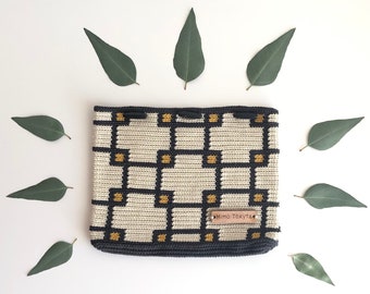 Cotton purse, toiletry bag in beige, dark grey, gold colors (crochet, handmade)