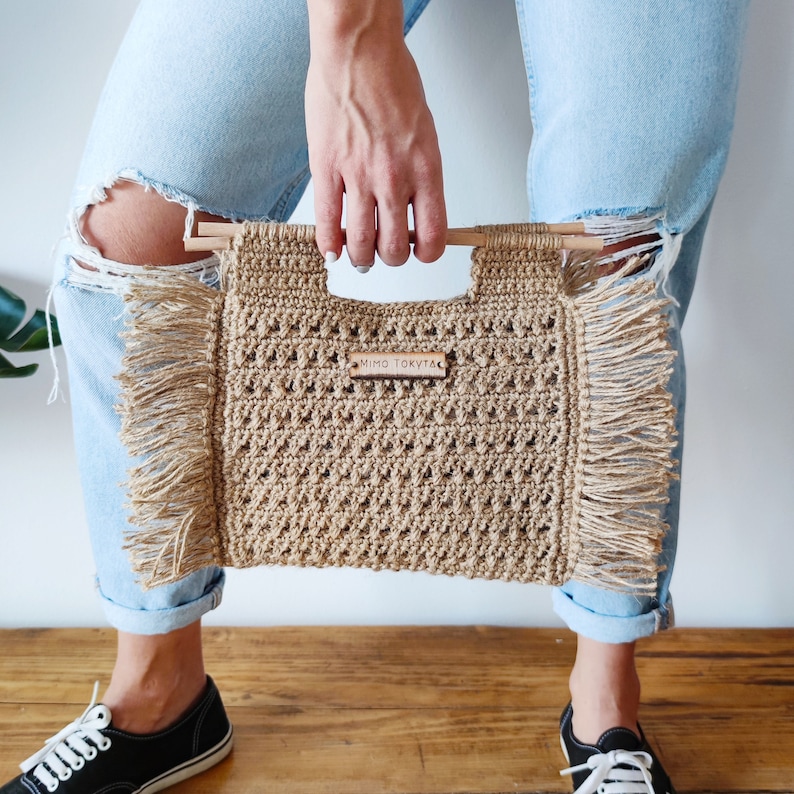 Jute Crochet Top Handle Bag with fringe image 3