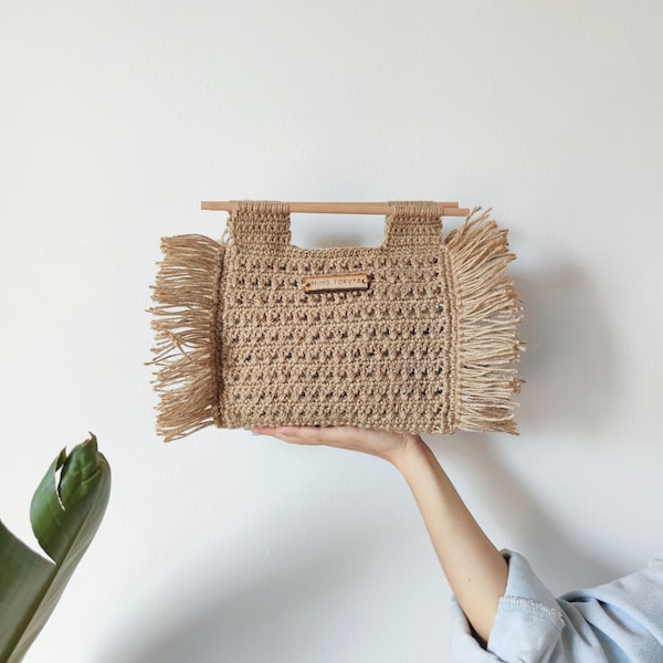 Crochet your own Jute Crochet Top Handle Bag with fringe, Printable PDF Pattern, Instant Download