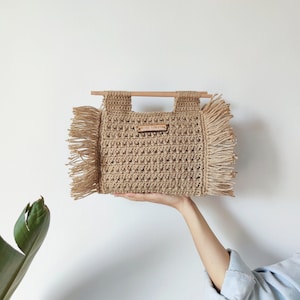 Jute Crochet Top Handle Bag with fringe NO