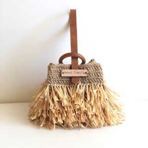 Mini Jute Raffia Leather Handbag, wristlet bag with fringe zdjęcie 6