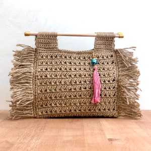 Jute Crochet Top Handle Bag with fringe image 6