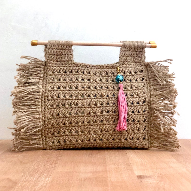 Jute Crochet Top Handle Bag with fringe image 6