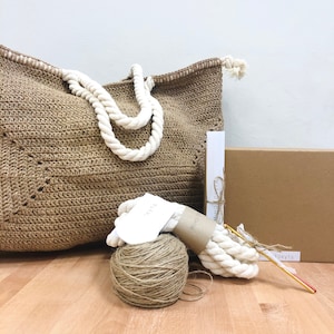 Large Natural Jute Beach Bag, Crochet Market Bag - Crochet Kit with Print Pattern