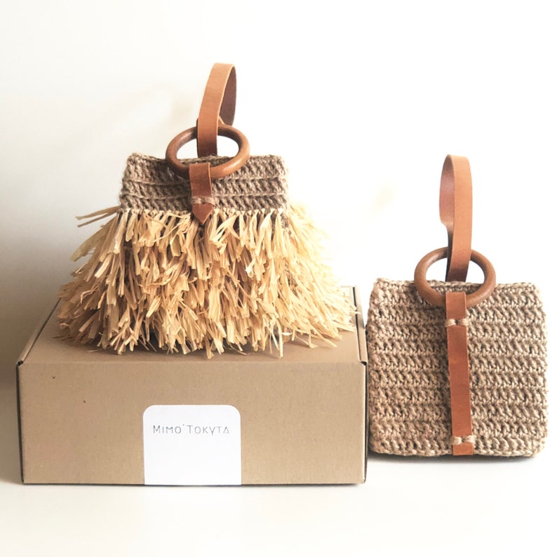 Mini Jute Raffia Leather Handbag, wristlet bag with fringe zdjęcie 10