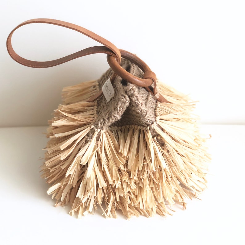 Mini Jute Raffia Leather Handbag, wristlet bag with fringe zdjęcie 7