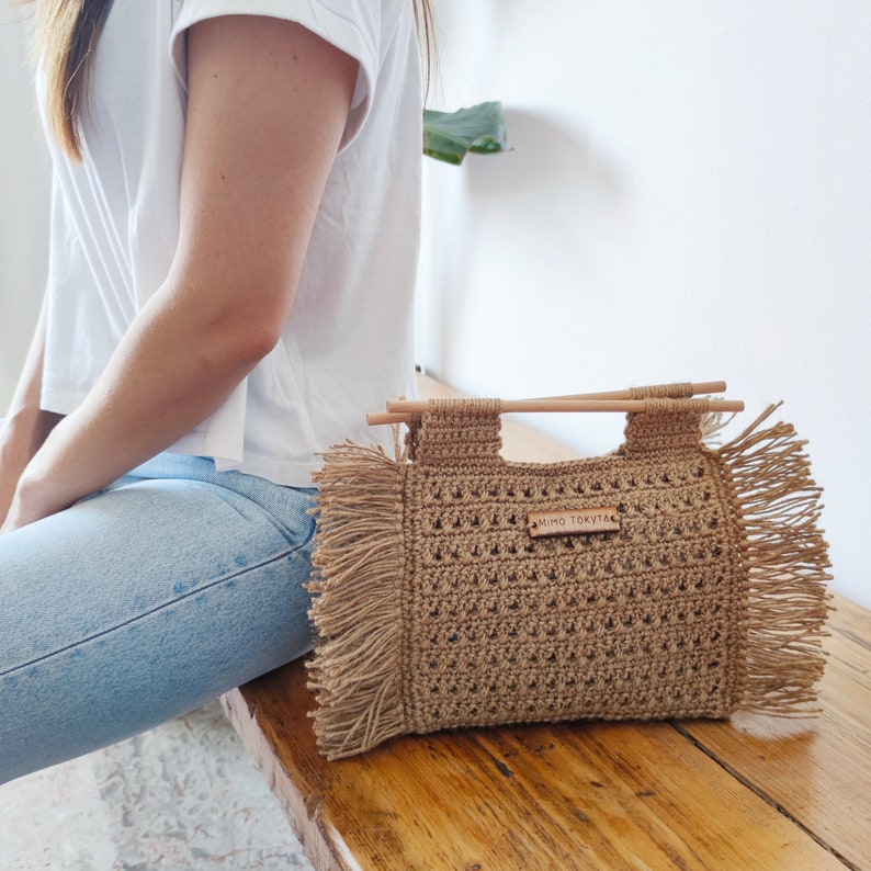 Jute Crochet Top Handle Bag with fringe image 1