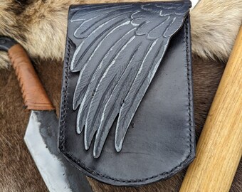 Handgemaakt leren ravenvleugelriemetui voor faire of festival