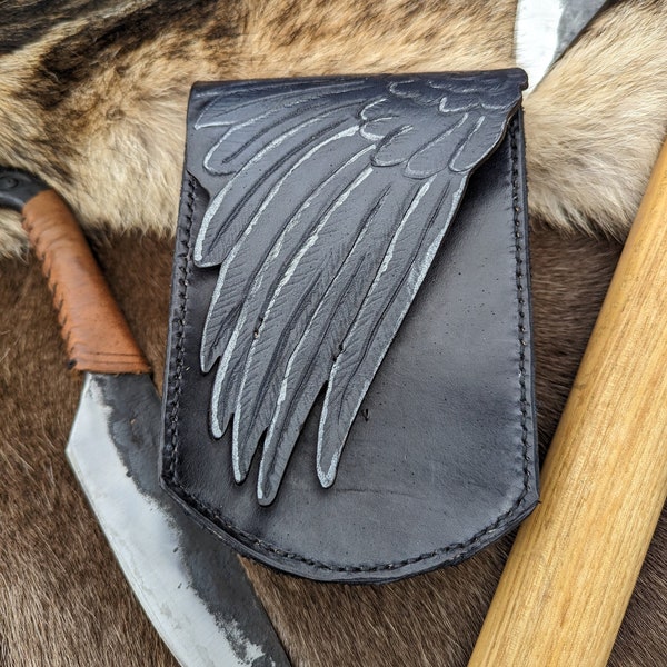 Handmade Leather Raven Wing Belt Pouch for faire or festival