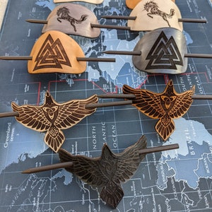 Leather hair stick barrette - raven, valknut, unicorn, mjolnir