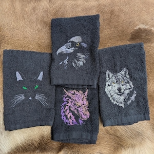 Embroidered Hand Towel Kitchen Towel for Bathroom or Kitchen - Dragon, Raven, Wolf Cat