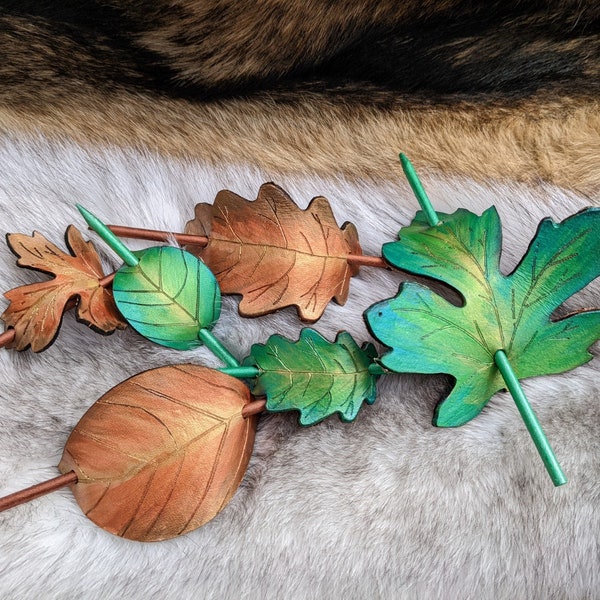 Handpainted Natural Leather Leaf Barrette - hairpin for fairy, elf, fae, ren faire