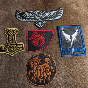 Viking Embroidered Patches - Mjolnir, Sleipnir, Valkyrie, Raven, Lothbrok Banner Hook&Loop or Iron-on