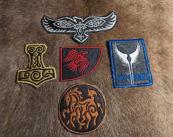 Viking Embroidered Patches - Mjolnir, Sleipnir, Valkyrie, Raven, Lothbrok Banner Hook&Loop or Iron-on