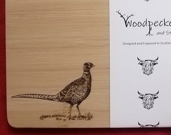 Natural Bamboo Set of 1 Placemats and 1 Coasters Pheasant Engraved in Scotland Best Table Set Home Gift